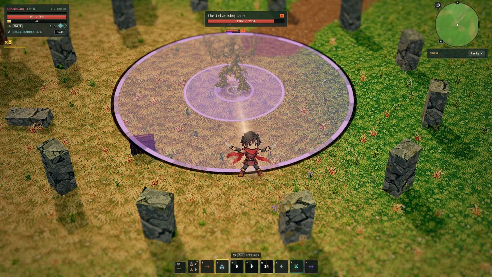 The Duskblade, in a red scarf, faces the Briar King inside his violet attack ring at the Briar Throne, a circle of standing stones in the woods.
