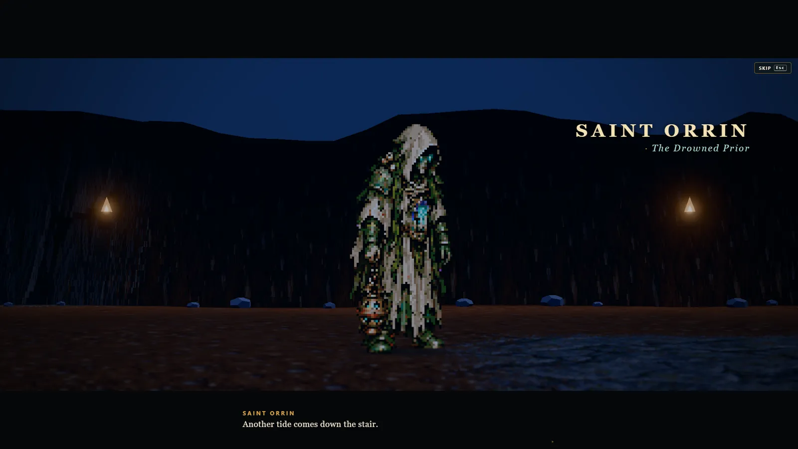 Saint Orrin, the Drowned Prior, a hooded figure in moss-green robes carrying a lantern, appears at Orrin's Font in the Drowned Undercroft, the dungeon entered from the Sunken Shrine.