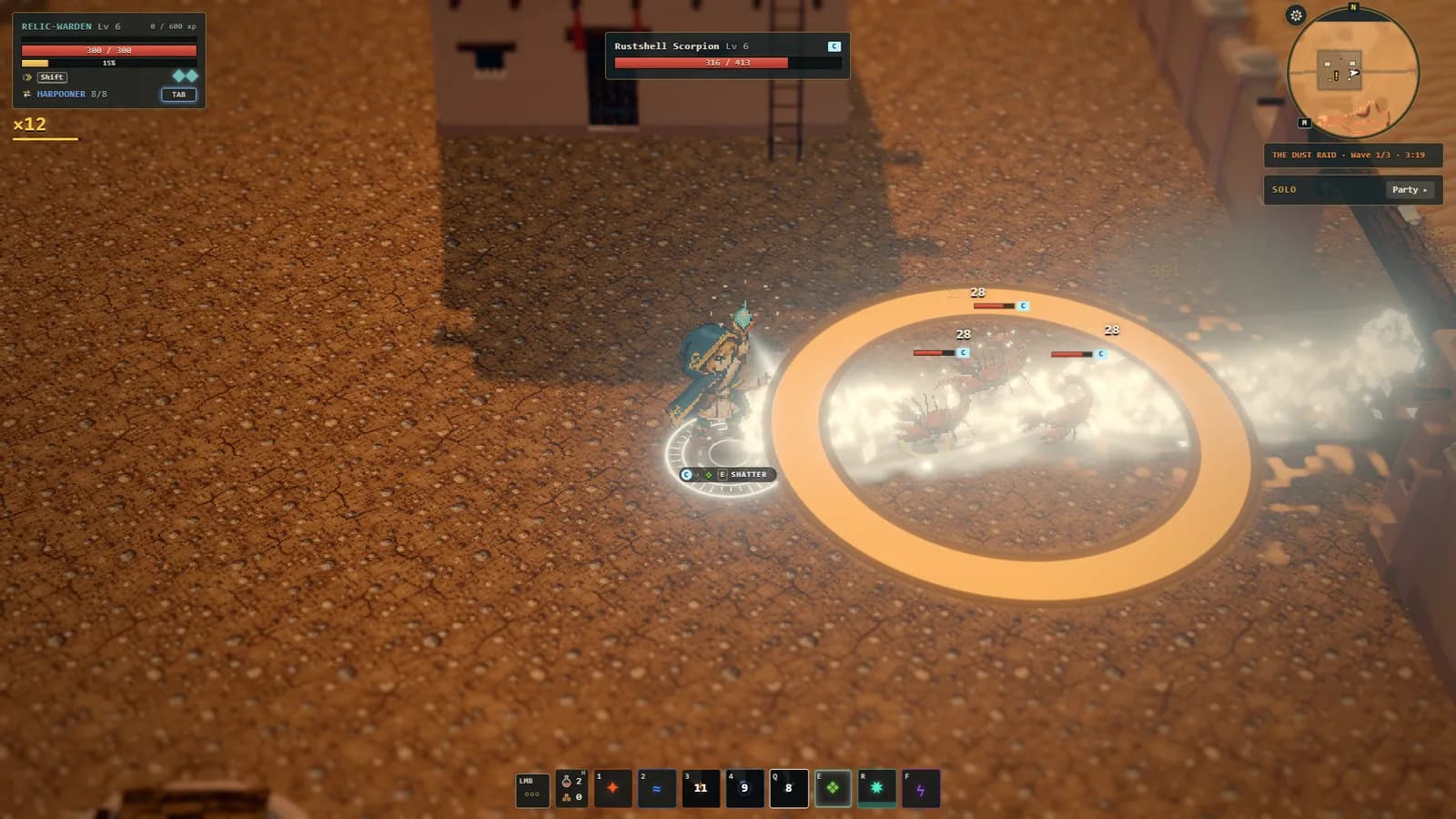 During the Dust Raid at Redwater Post, the Relic-warden fires a beam of ice into a pack of Rustshell scorpions beside the post's adobe walls.