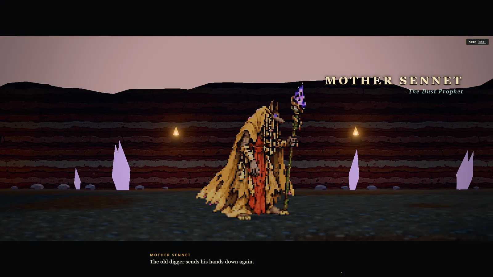 Mother Sennet, the Dust Prophet, rises in her red-walled hollow at the bottom of Pell's Deep Seam, wrapped in gold rags and holding a crystal staff.