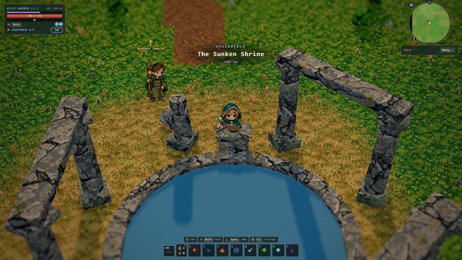 The Relic-warden steps up to the blue pool of the Sunken Shrine among ruined stone arches, while Brother Tamsin waits nearby in the late afternoon light.