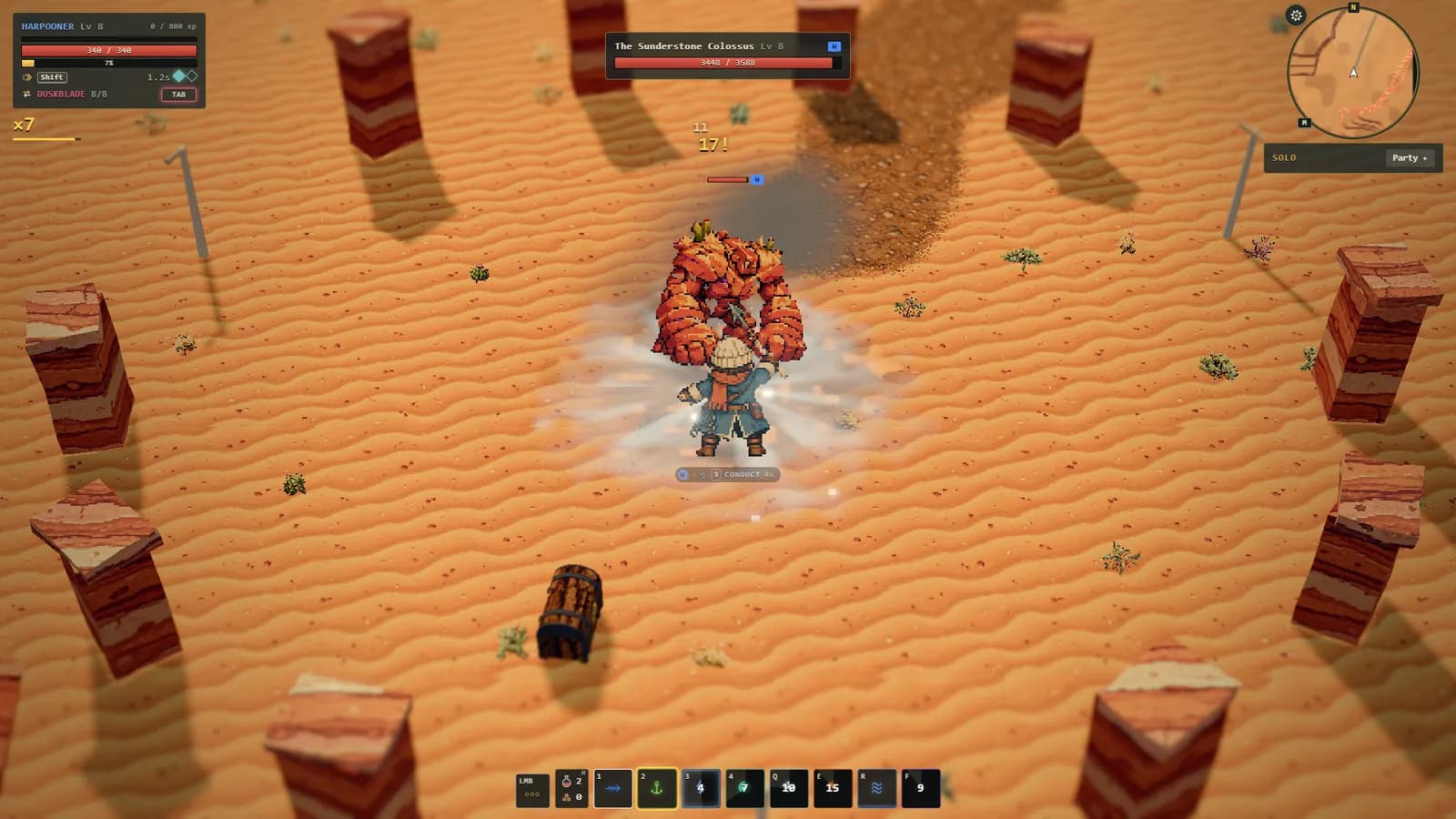The Harpooner stands toe to toe with the Sunderstone Colossus on the Sunder Floor, a sandy arena ringed by red rock pillars.