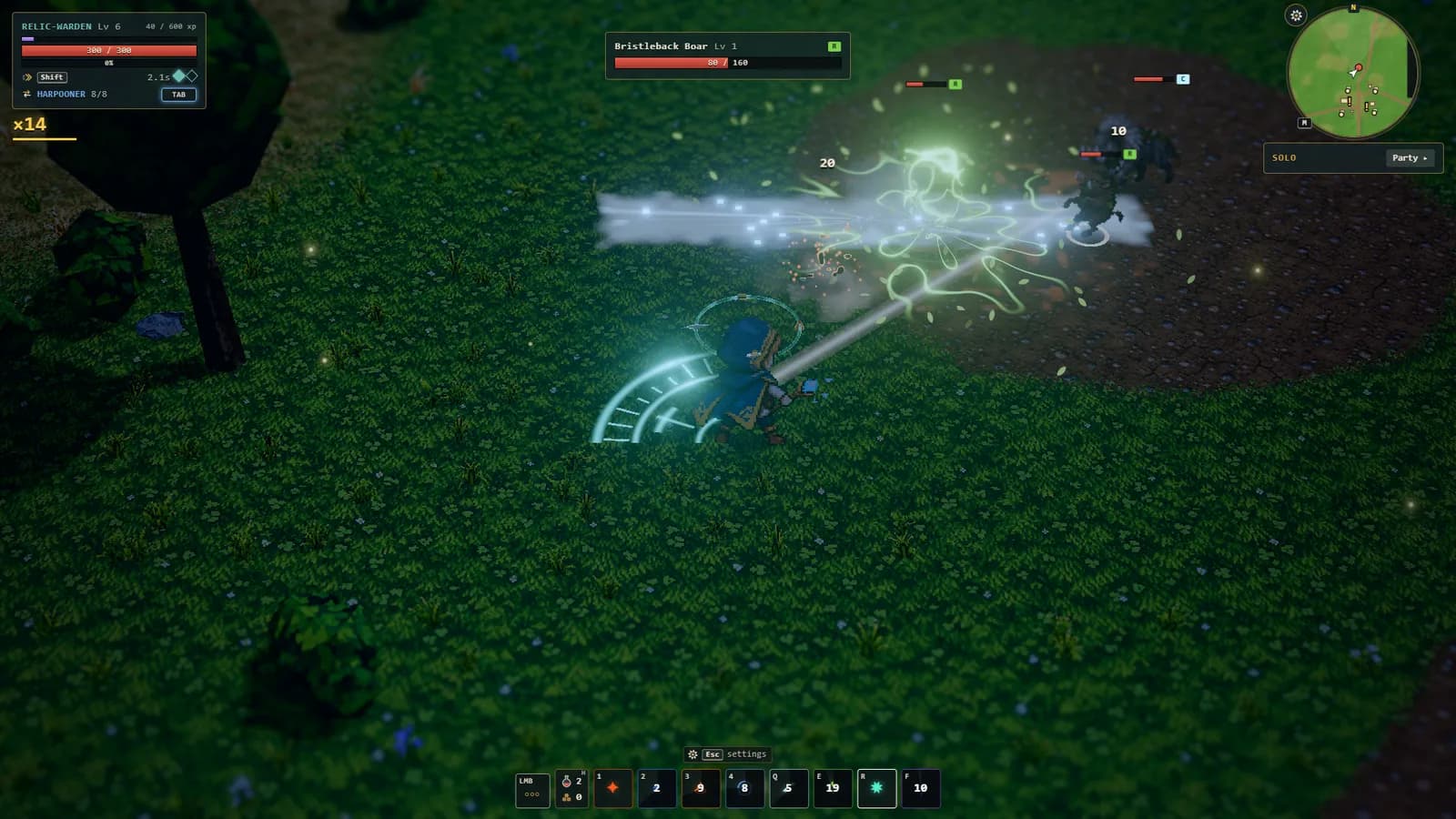 At night by the Bristleback wallow, the Relic-warden fights a herd of Bristleback boars with a rune circle, a beam of ice and a burst of roots.