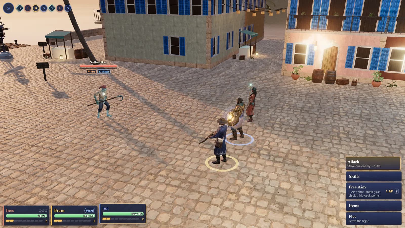 A fight in the market square: attack, skills, Free Aim, items.