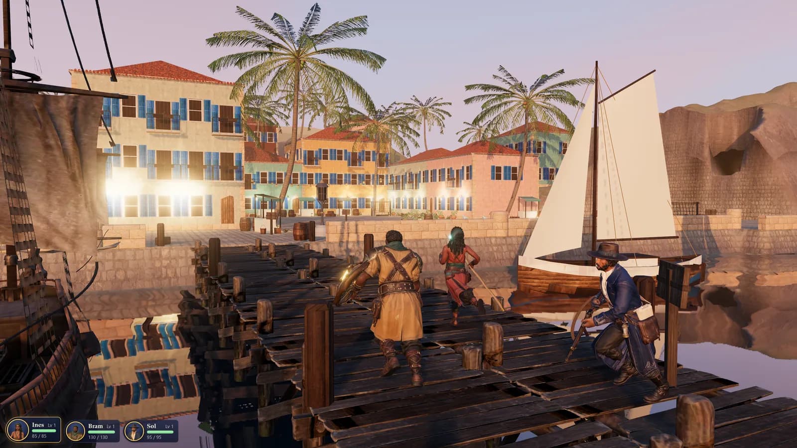 The harbor at dusk: the keepers set off down the pier.